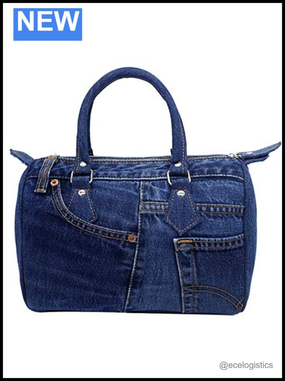 Upcycled Denim Bowler Satchel Handbag with Adjustable Strap Crossbody Shoulder